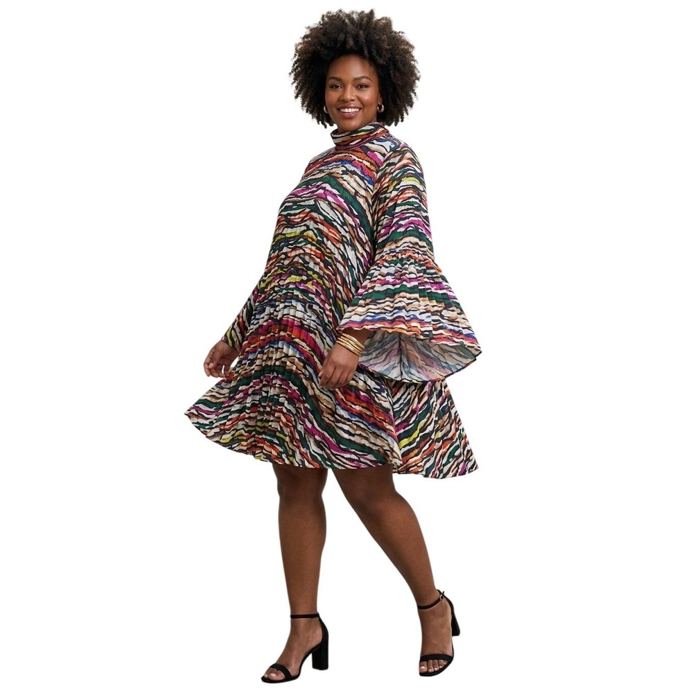 Gabrielle Union Fashion to Figure Pleated Mock Neck Bell Sleeve Shift Dress Mini